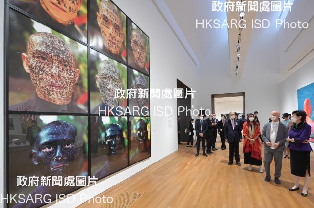 The Chief Executive, Mrs Carrie Lam, today (November 11) attended the M+ Opening Ceremony in the West Kowloon Cultural District. Photo shows Mrs Lam (first right) touring the M+ Sigg Collection: From Revolution to Globalisation exhibition. Looking on are Member of the M+ Board Dr Uli Sigg (second right); the Museum Director of M+, Ms Suhanya Raffel (third right); and the Vice Chairman of the Board of the West Kowloon Cultural District Authority, Mr Ronald Arculli (fourth right).